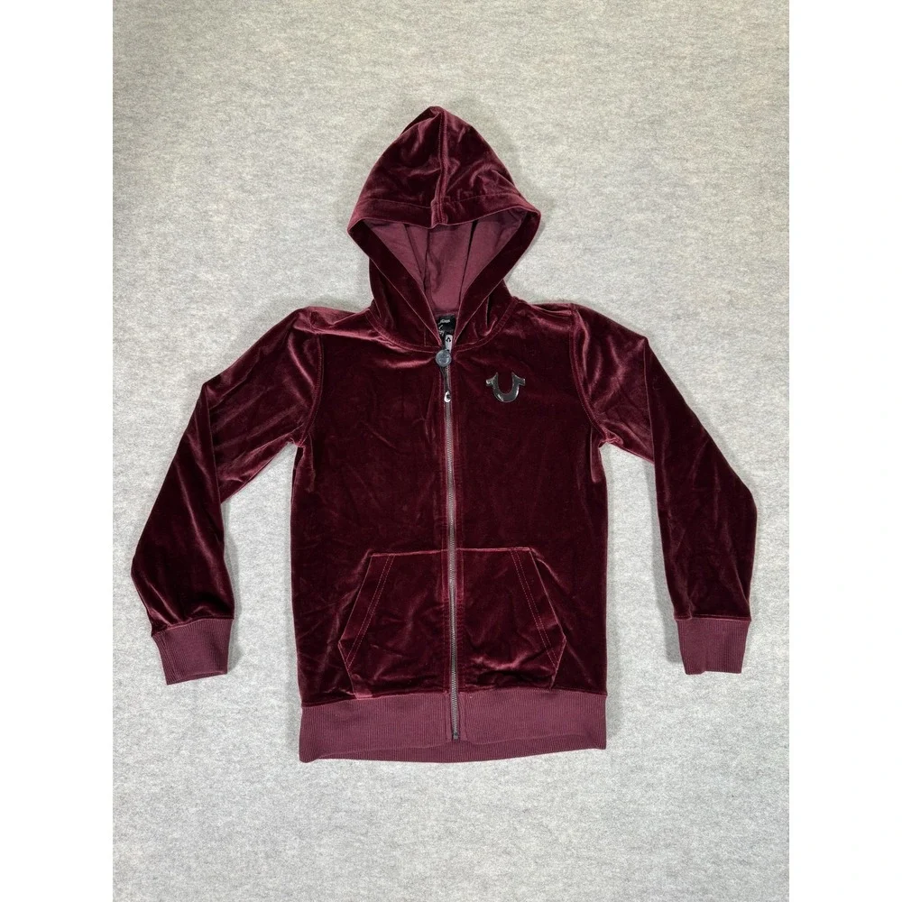 True Religion Hoodie Mens Medium Red Velvet Full Zip World Tour Back Graphic